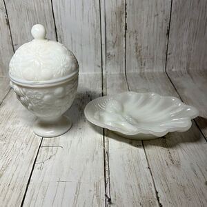 Vintage Milk Glass Avon Pedestal Lidded Bowl and Cherub Trinket Tray Soap Dish
